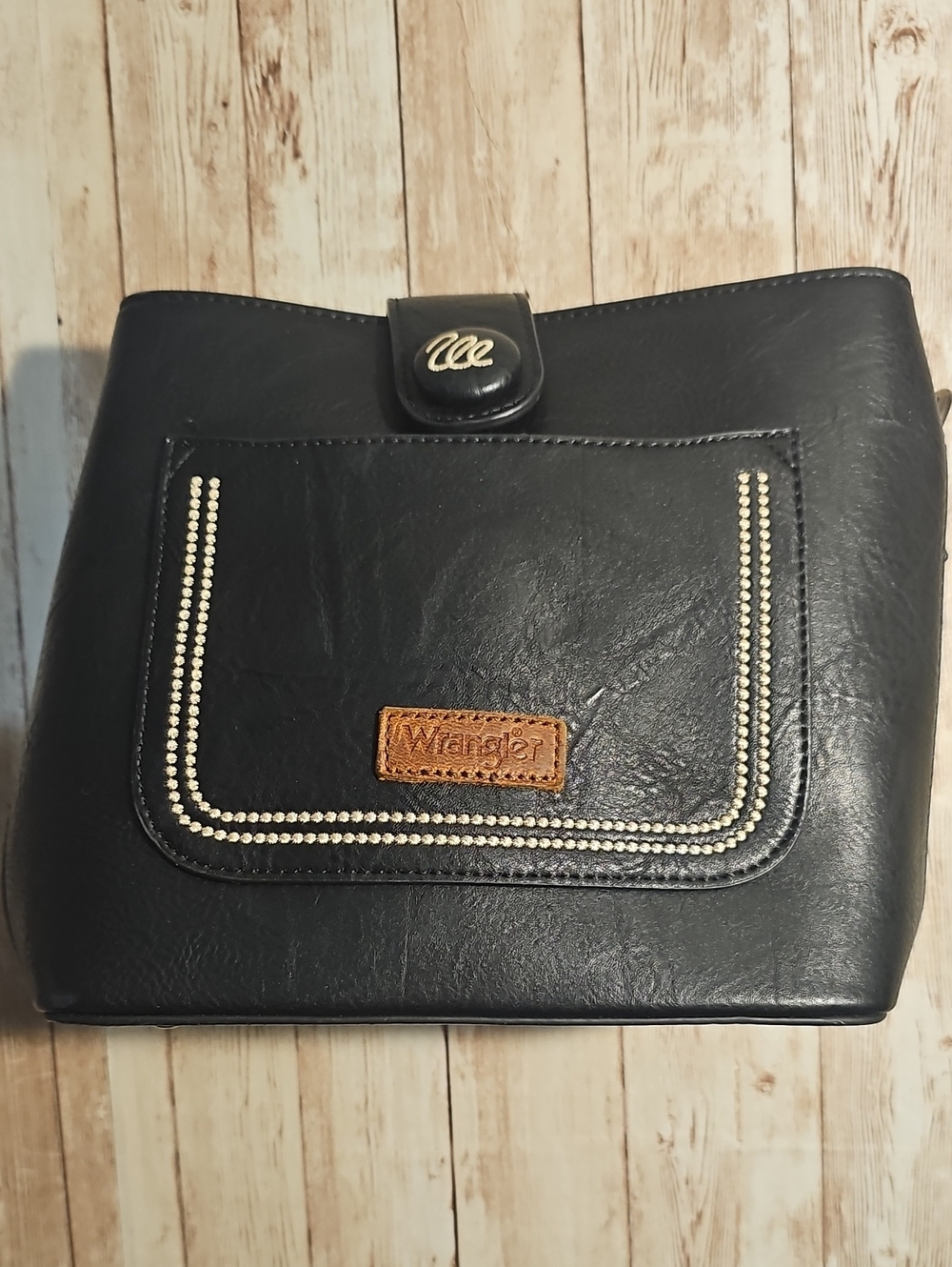 Wrangler Black Crossbody Bag with Studded Front Pocket and Brown Logo Patch